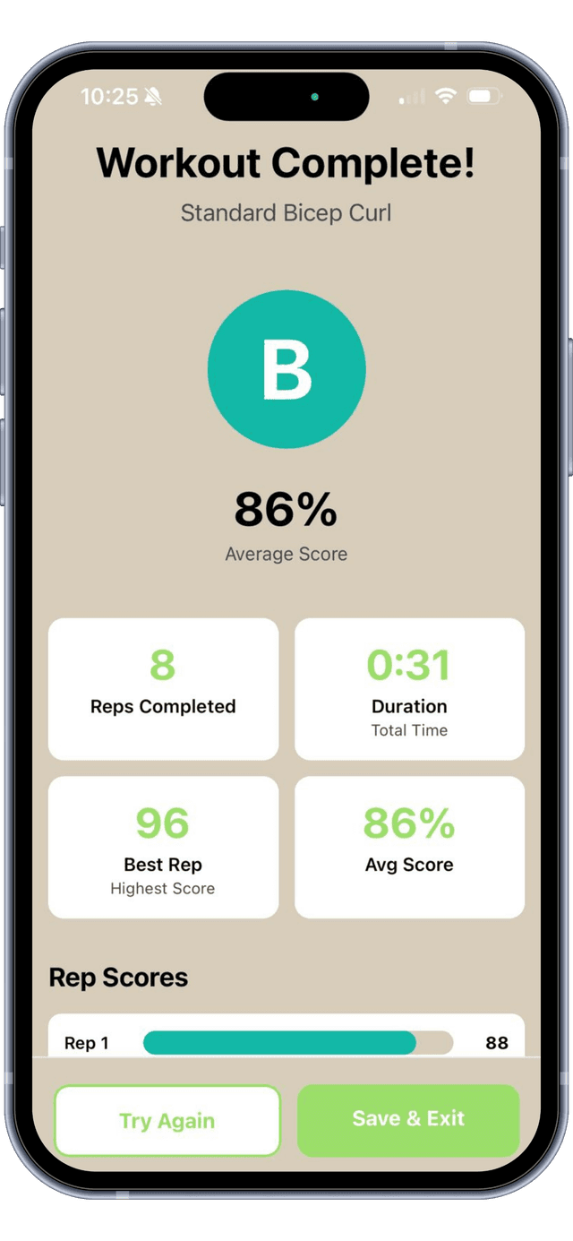 Form feedback summary showing letter grade and rep breakdown
