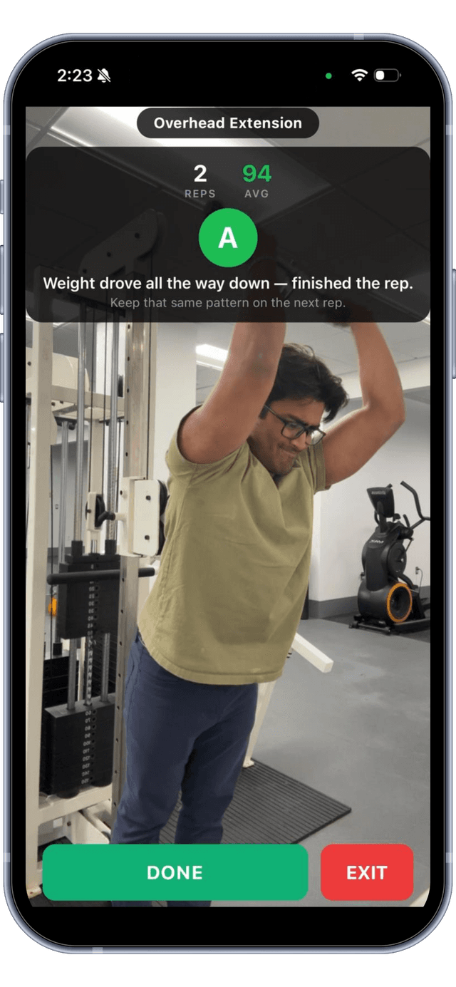 Active workout with skeleton overlay showing pose detection in real time