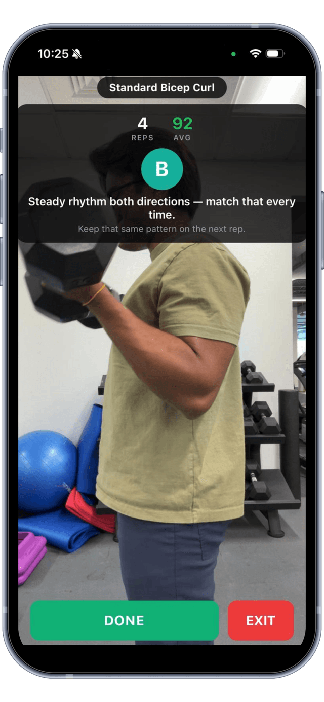 CalmArms gameplay screen showing real-time pose detection and form grading