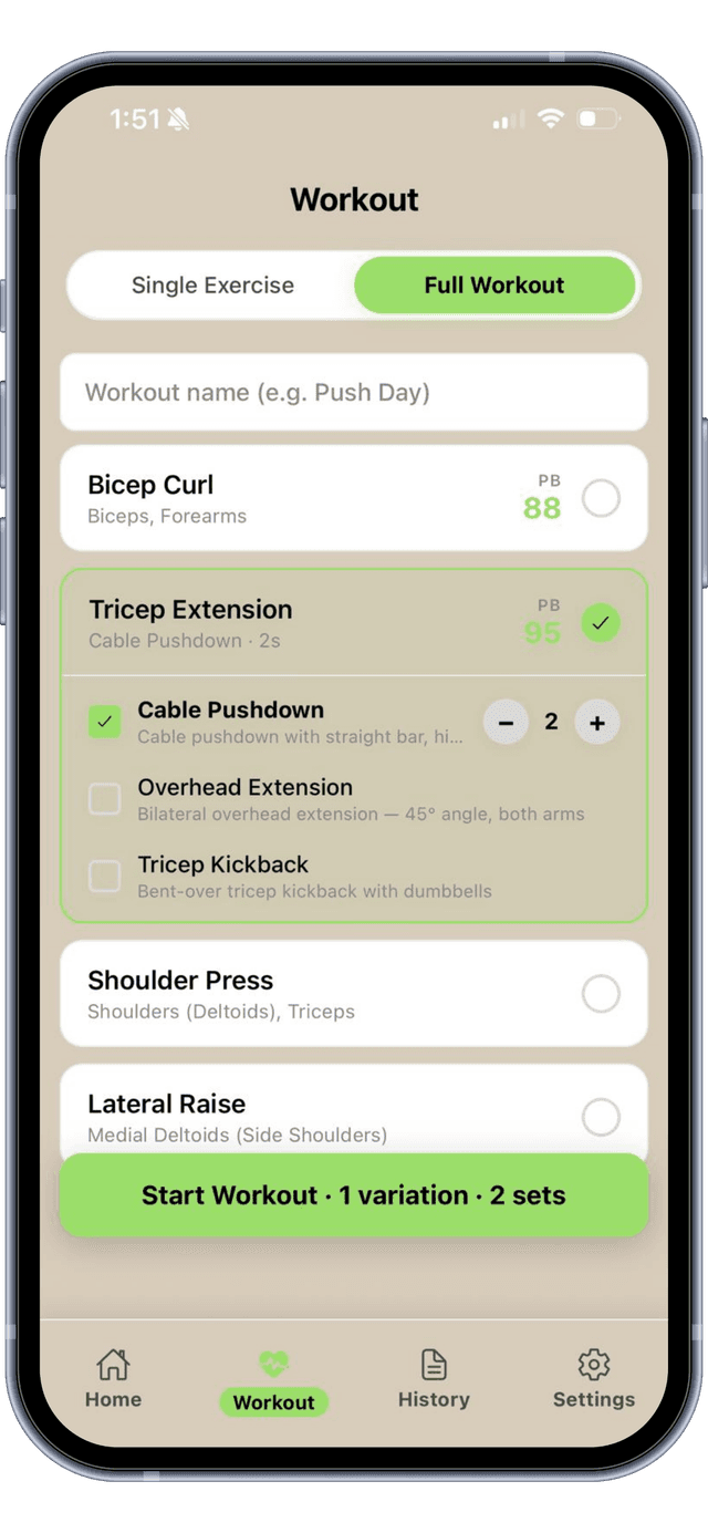 Multi-exercise workout builder screen