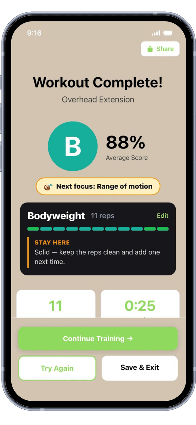 Form feedback summary for an overhead extension set showing letter grade and rep breakdown