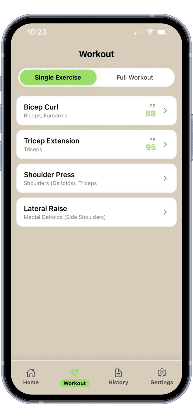 Single exercise selection screen